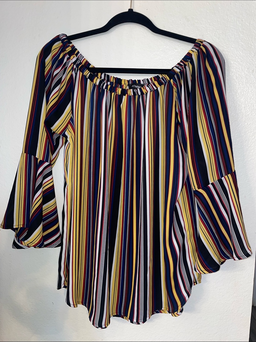 Striped Off-Shoulder Bell Sleeve Tunic - Yellow/Navy/White